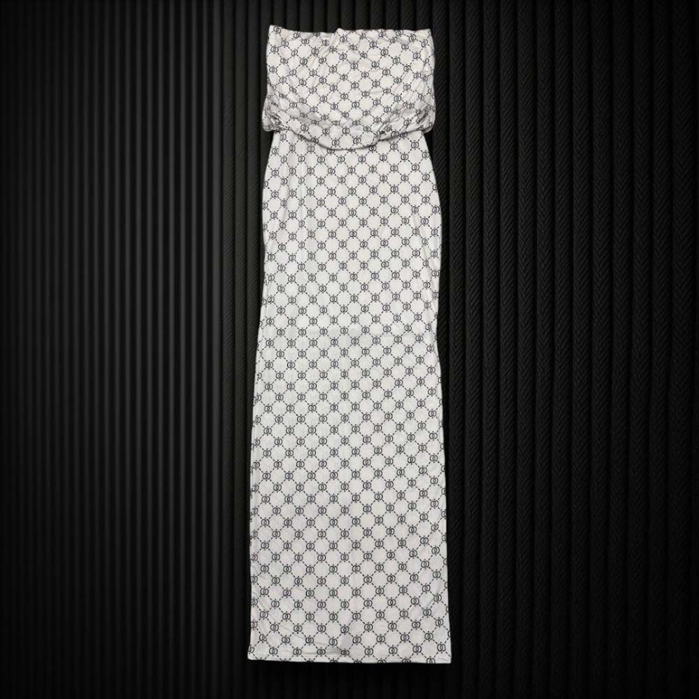 Strapless Monogram Print Bodycon Maxi Dress Side Slit Mocha Black Medium